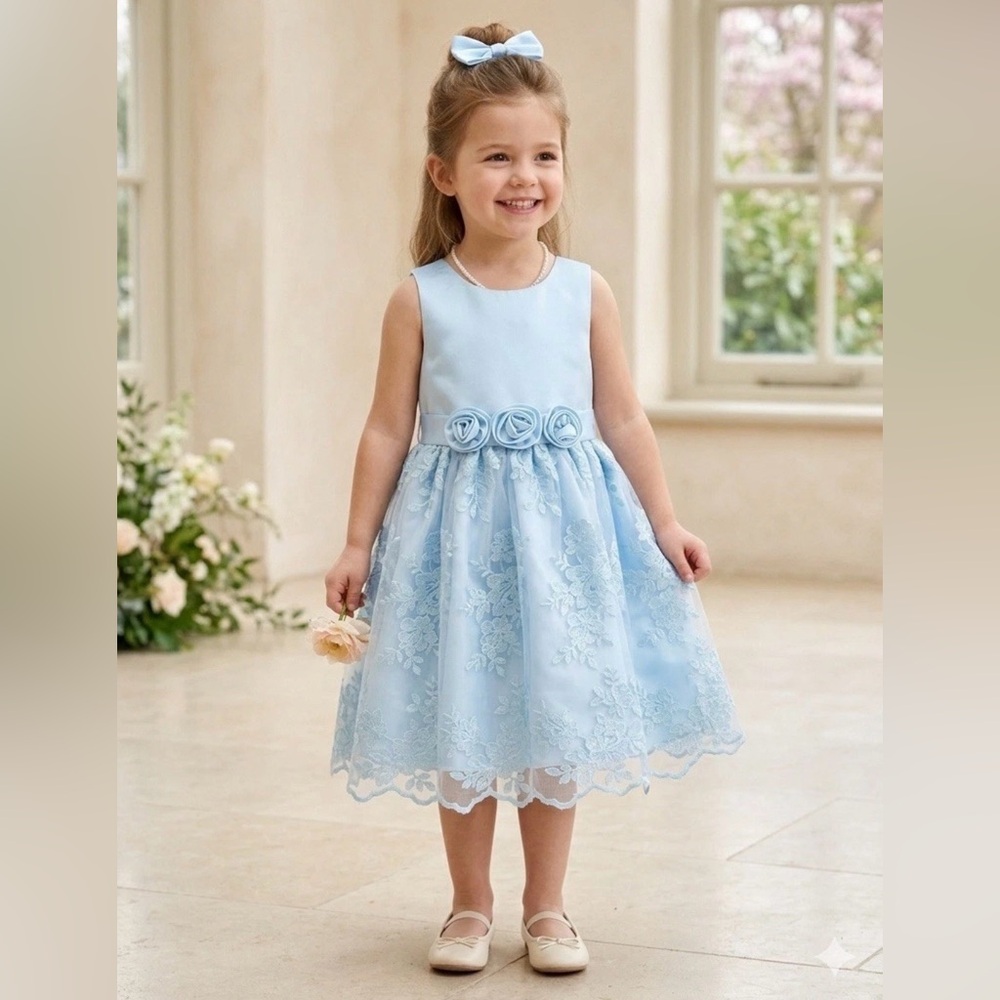 Bonnie Jean girls Light Blue Lace Rosette Waistband Dress size 6
